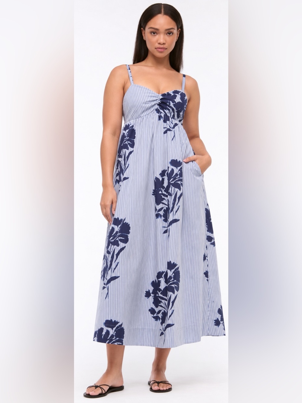 Abercrombie sweetheart blue striped smocked maxi dress size large petite LP